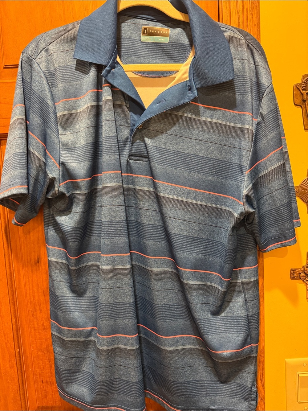 PGA Tour Blue Polo with Coral Stripe Accents
